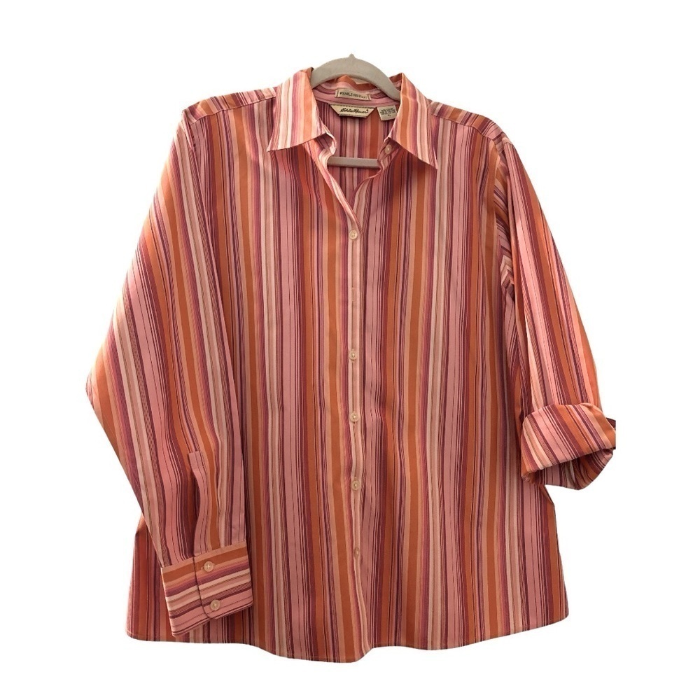 EDDIE BAUER button down shirt, XL, pink & gold stripes, easy care, straight hem.
